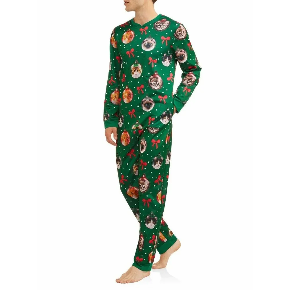 NWT Cats Christmas Pajamas Ugly Large One Piece unionsuit Light Up‎ Jumper Zip